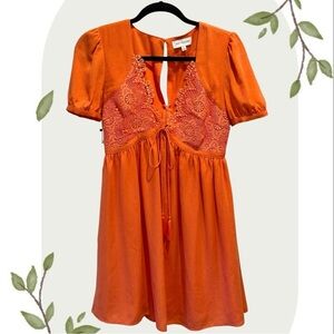 Lost + Wander Orange Crochet Boho Short Sleeve Mini Dress- Size Small
